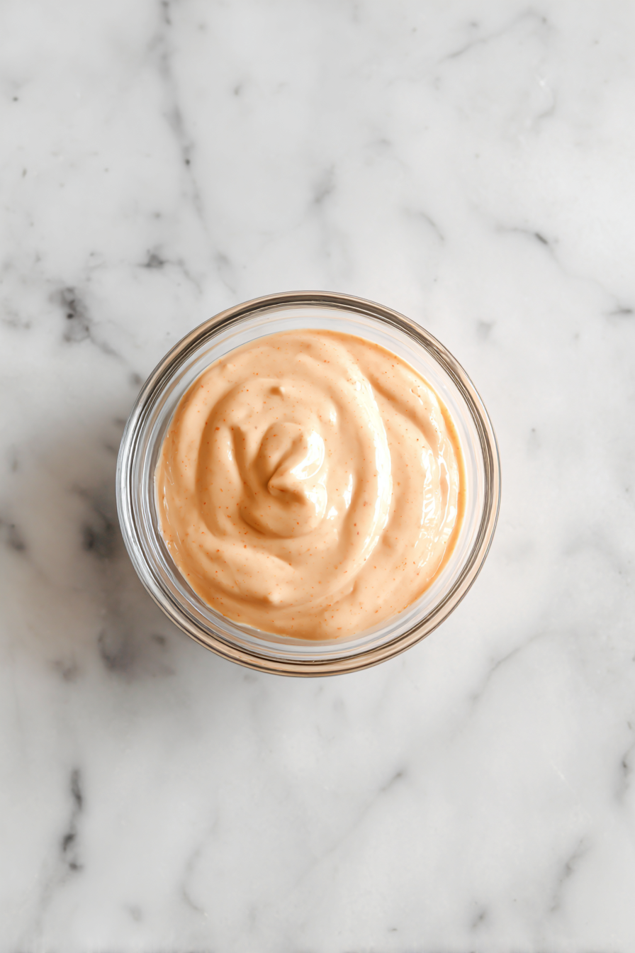 Mix mayo, sriracha, and water until smooth for spicy drizzle.