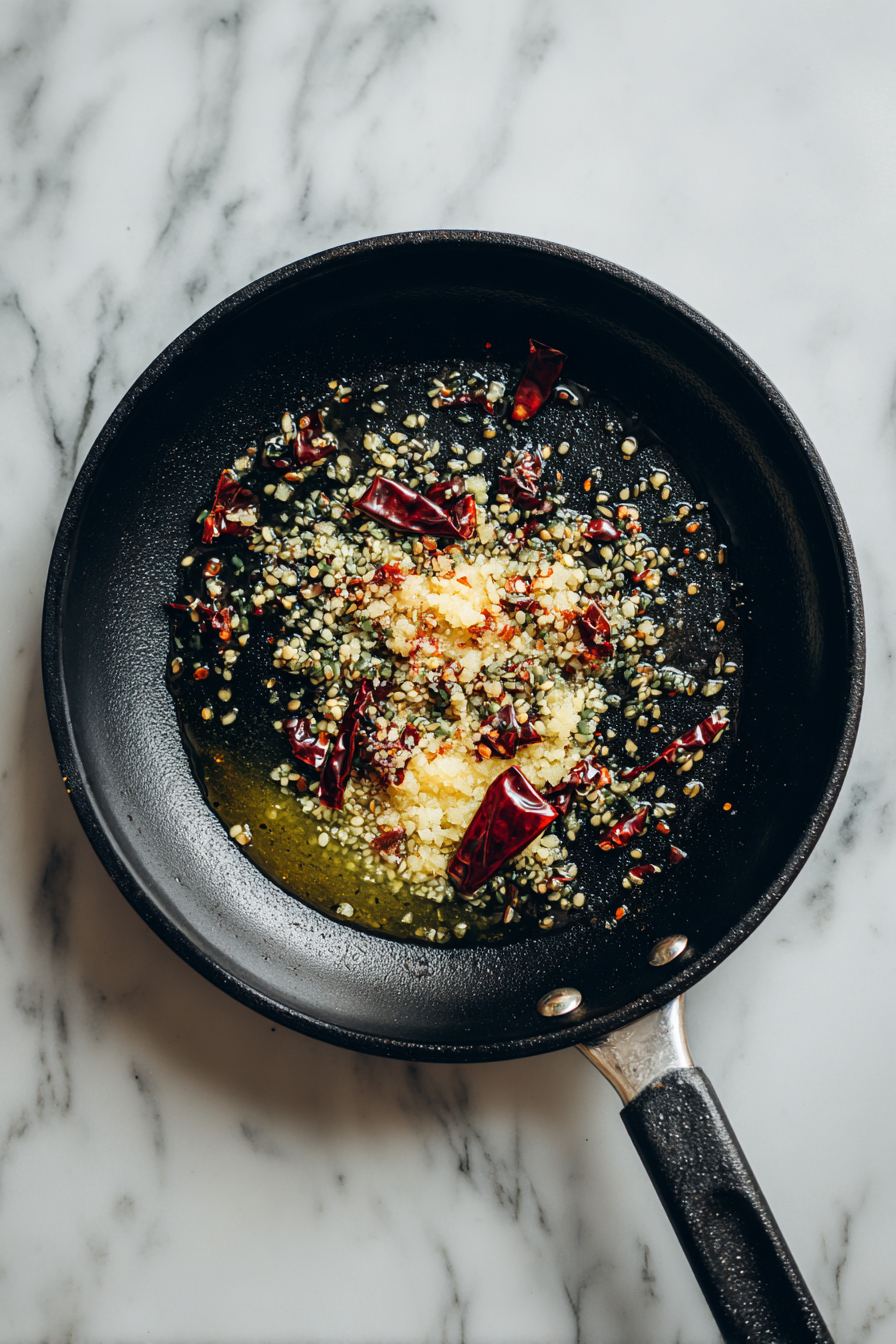 Heat oil or ghee in a small pan for tadka. Add cumin seeds, garlic, dry red chilies, and a pinch of hing. Let it sizzle.