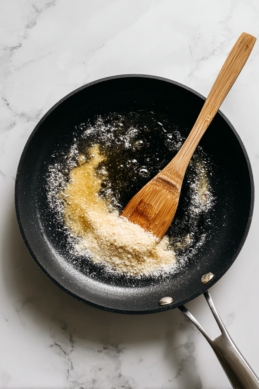 Sprinkle in the flour and stir constantly for 1–2 minutes to make a roux.