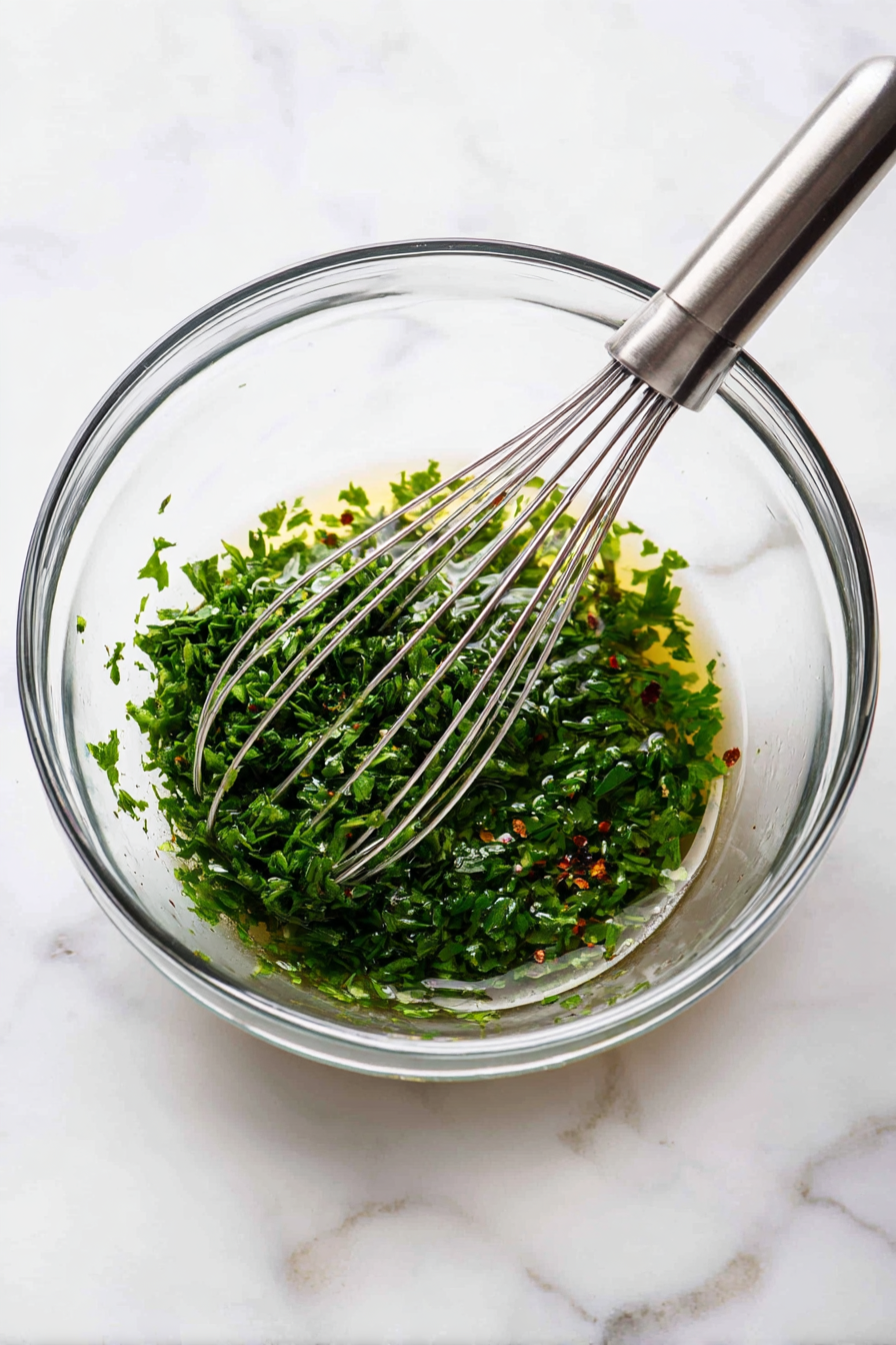 Finely chop parsley and garlic, then mix all chimichurri sauce ingredients in a bowl.