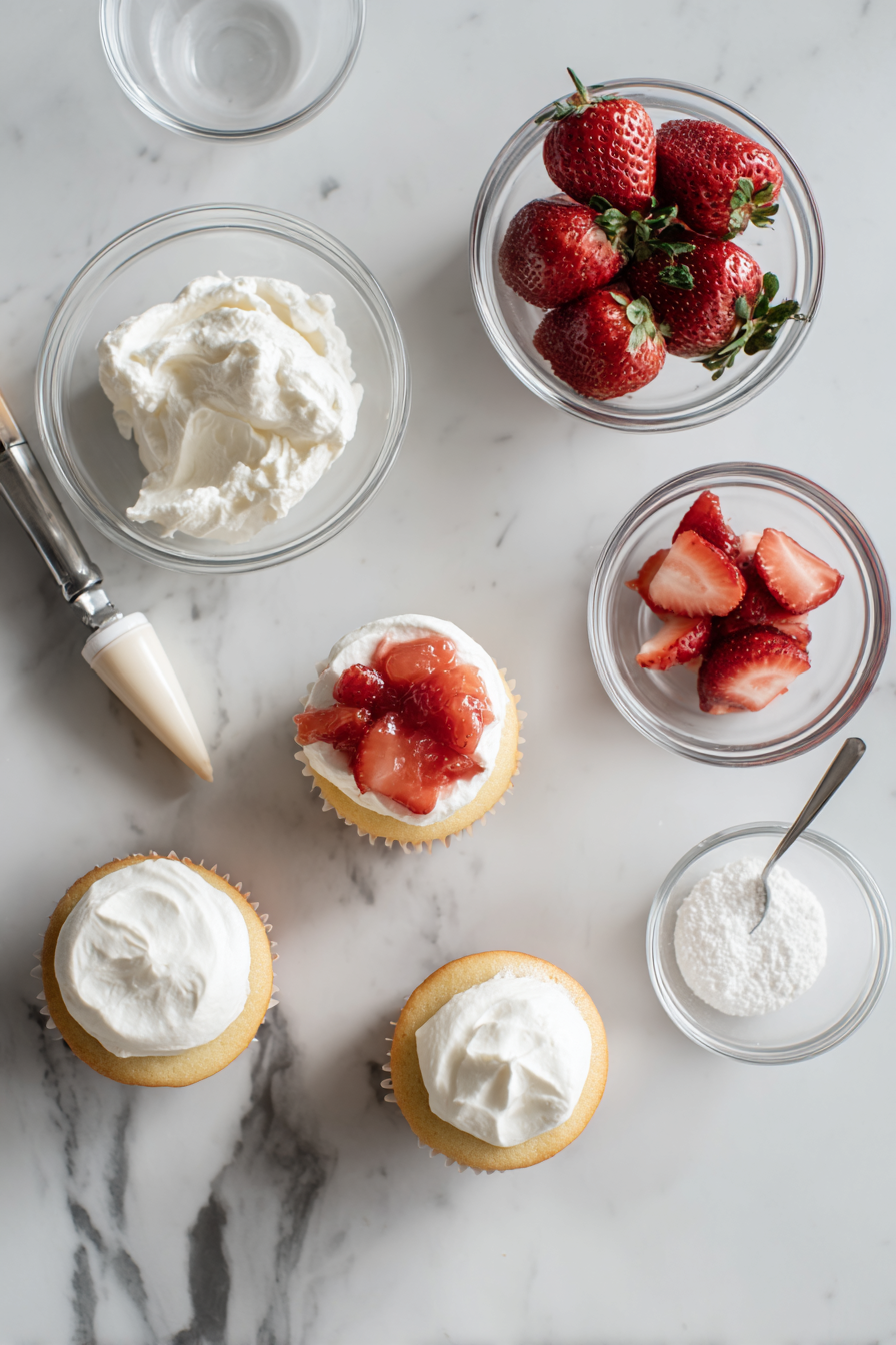 Mix chopped strawberries with jam for the filling. Core cupcakes and fill.