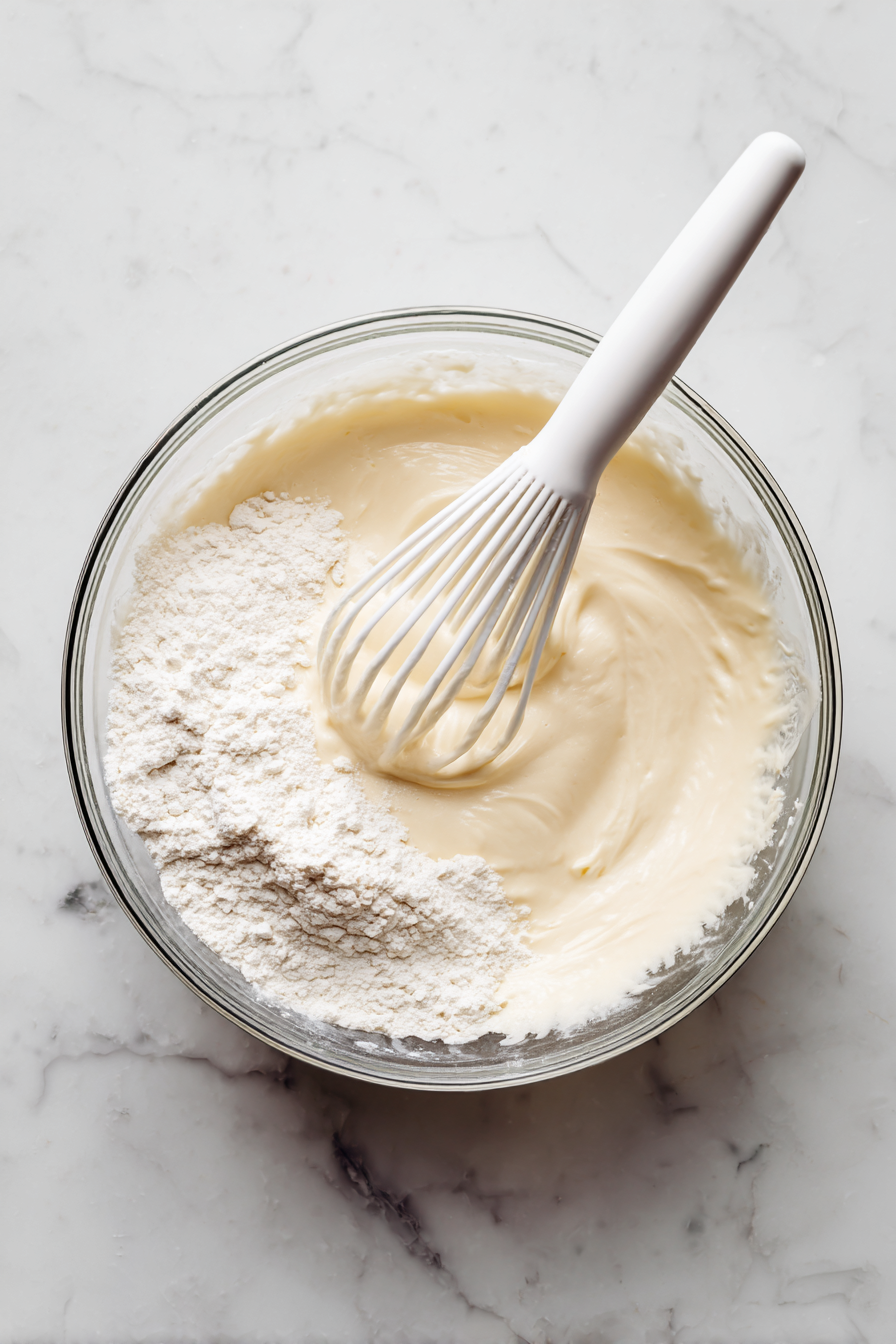 Mix in sour cream and milk, then fold in dry ingredients until smooth.