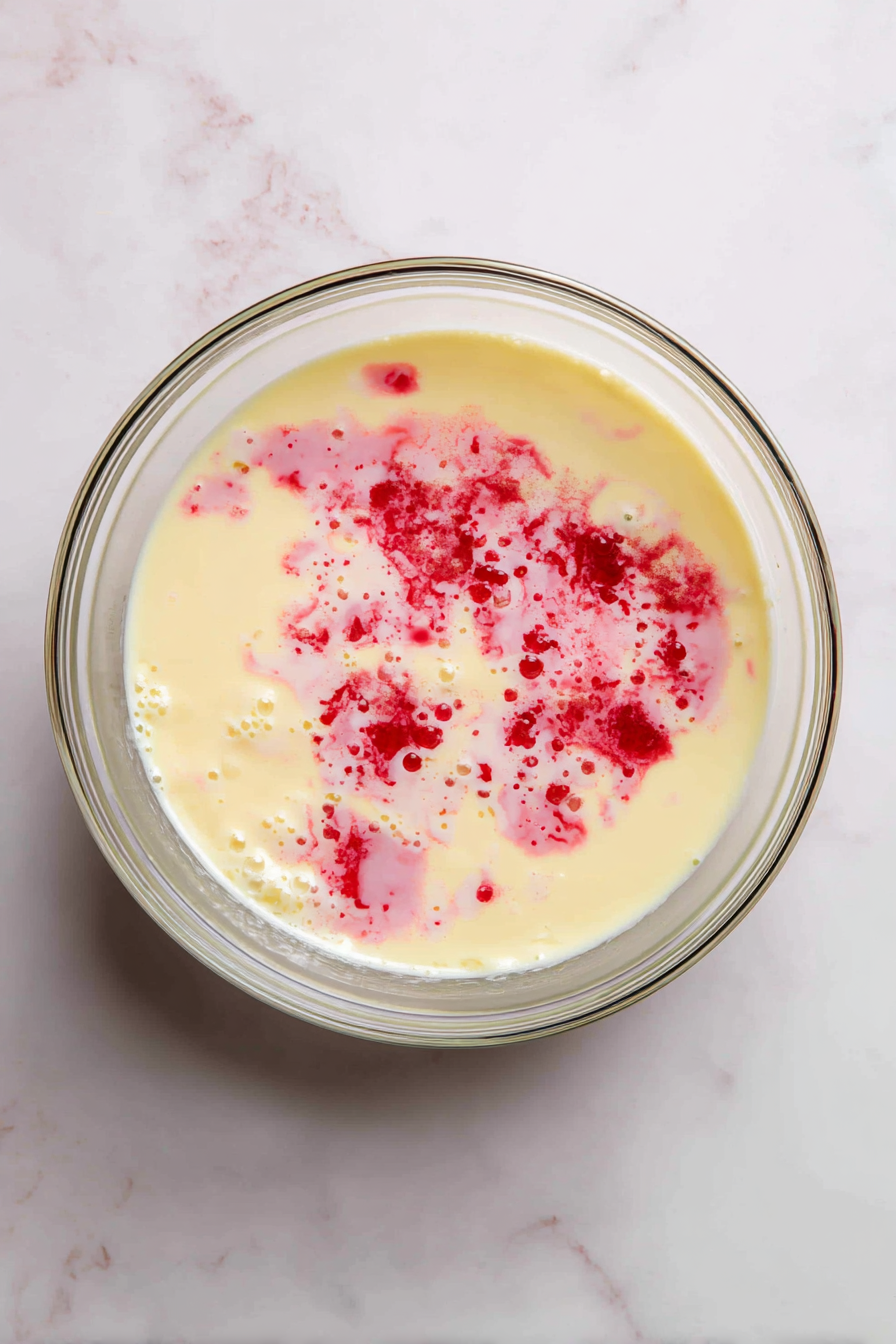 In another bowl, mix eggs, milk, oil, yogurt, vanilla, and food coloring.