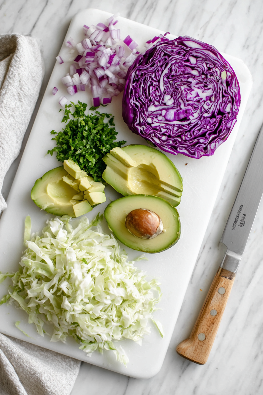 Prepare toppings: slice avocado, chop onions, and shred cabbage.