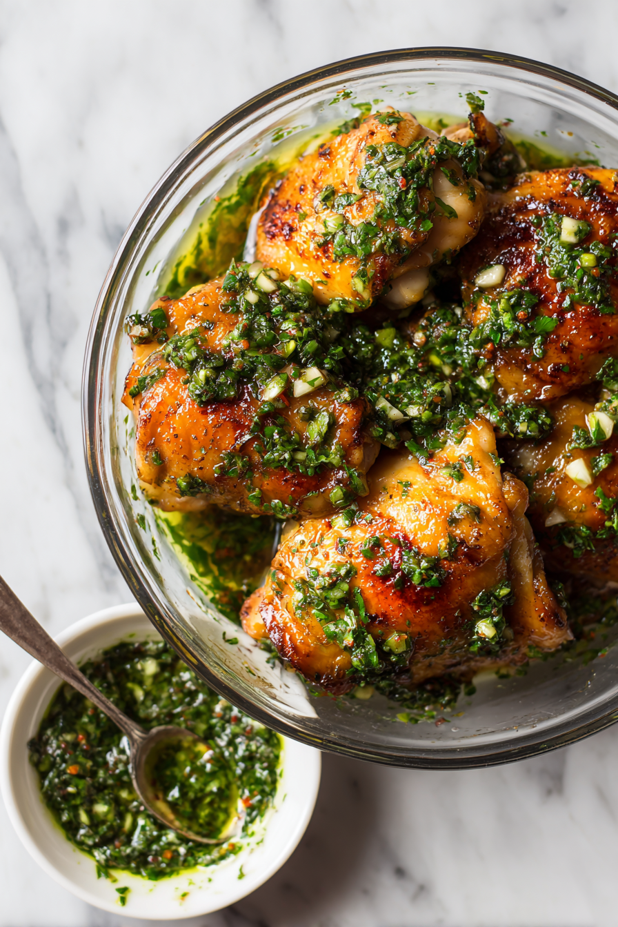 Spoon chimichurri sauce generously over the hot chicken.