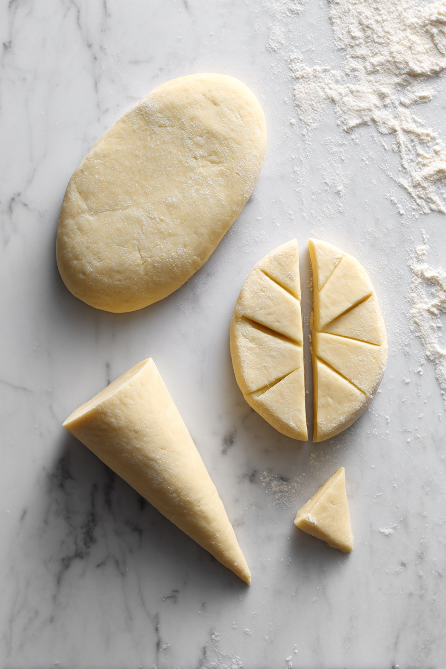 Divide dough into balls, roll each into an oval, cut in half, and shape into cones.