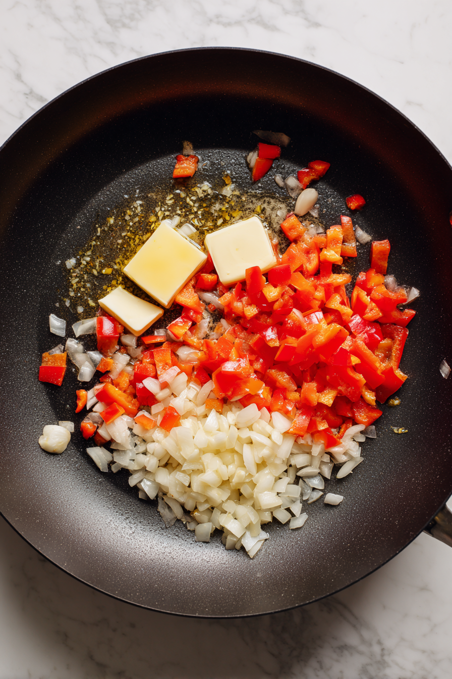 Sauté onions, bell pepper, and garlic in butter until softened.