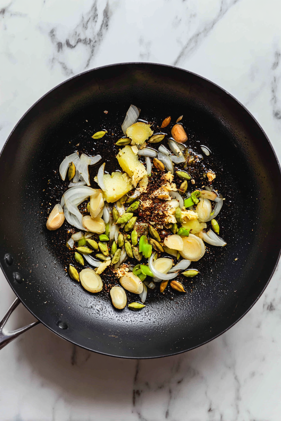 Heat oil and butter, then sauté cloves, cardamom, onions, garlic, and ginger.