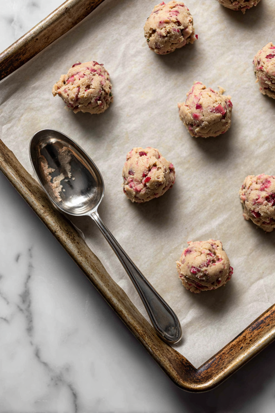 Scoop spoonfuls of dough onto the prepared baking sheet, spacing them apart.