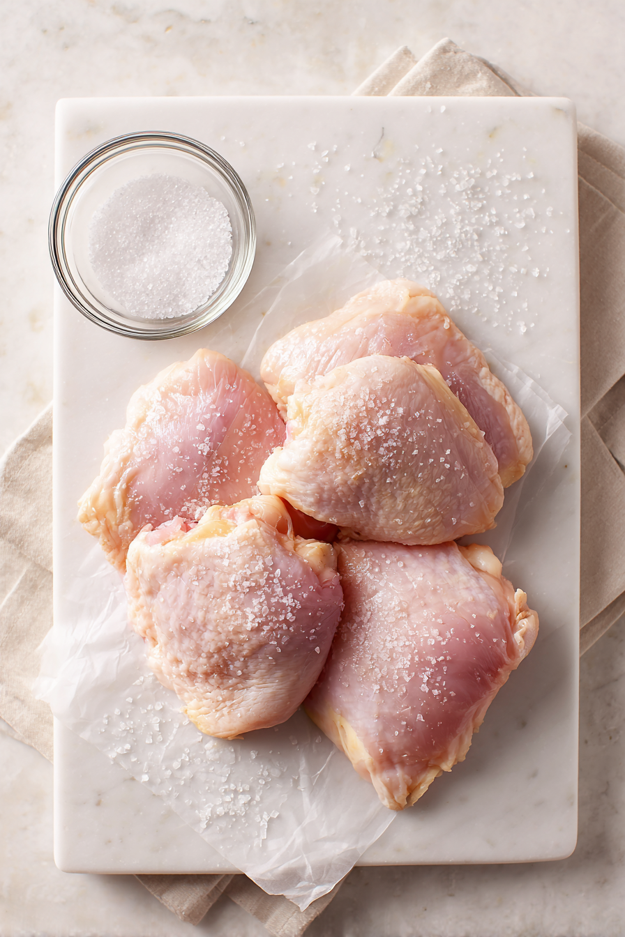 Season chicken thighs with sea salt.