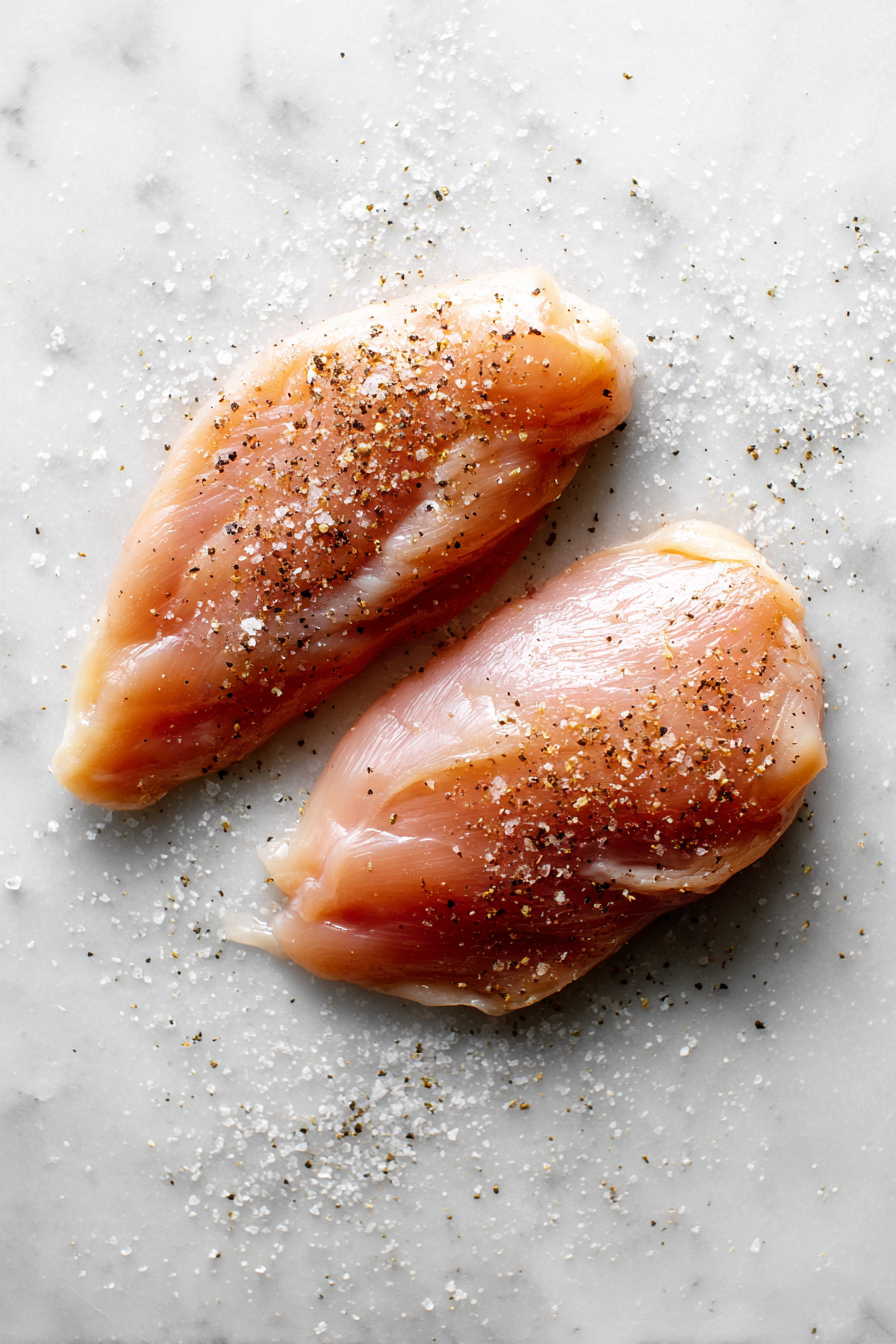 Season chicken breasts with salt and pepper.