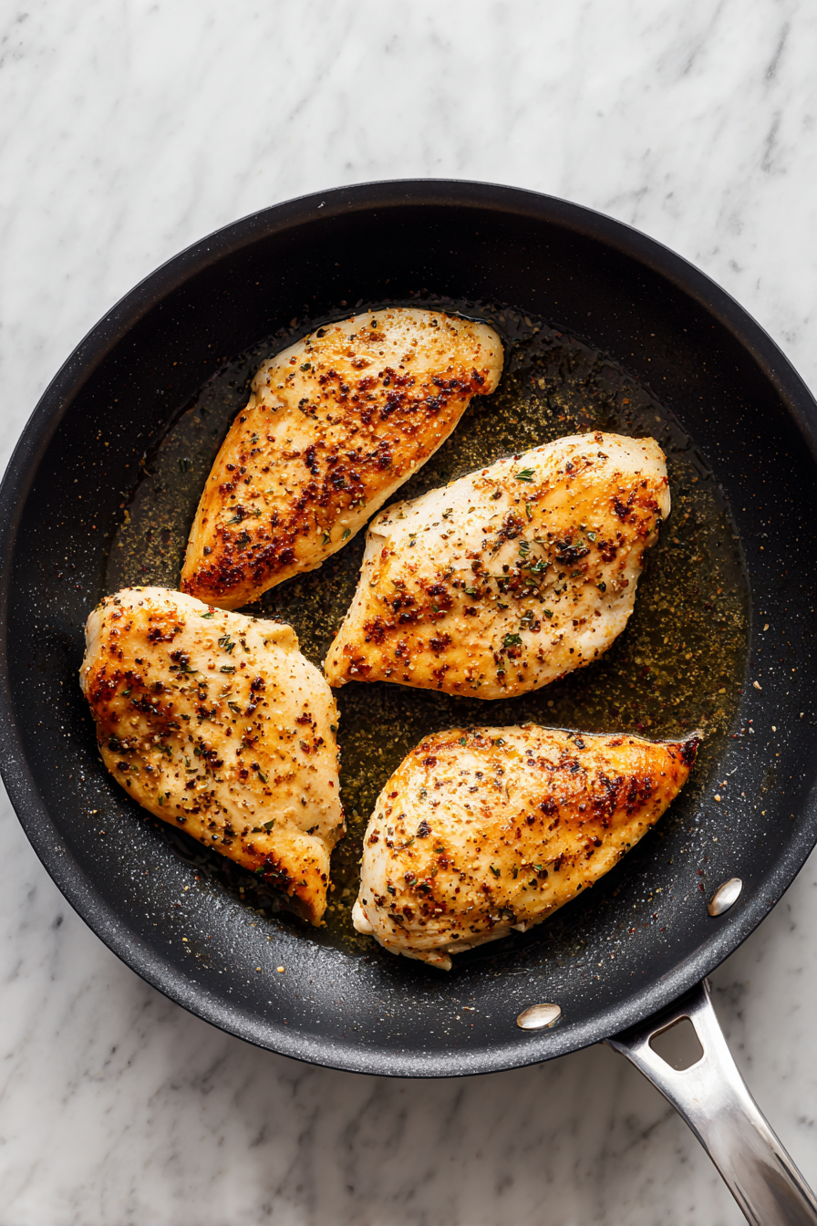 Season chicken with salt, pepper, and spices; cook in a skillet until golden and fully cooked.