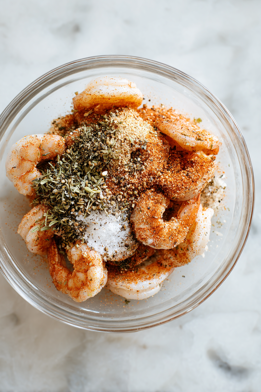 Mix blackened seasoning spices in a bowl. Coat cleaned shrimp evenly.