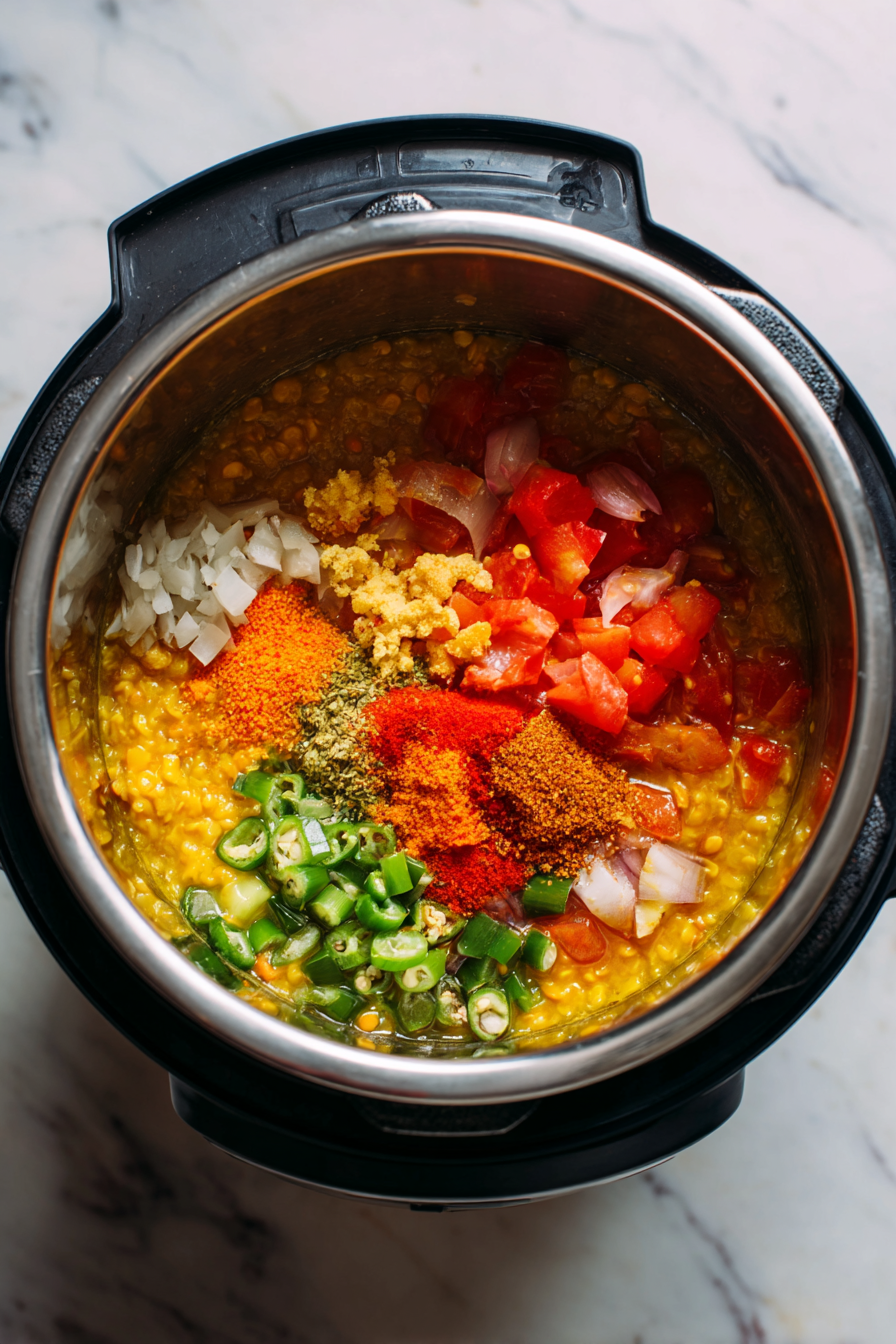 Pressure cook dal with chopped onions, tomatoes, ginger, green chilies, turmeric, and salt for 3–4 whistles.
