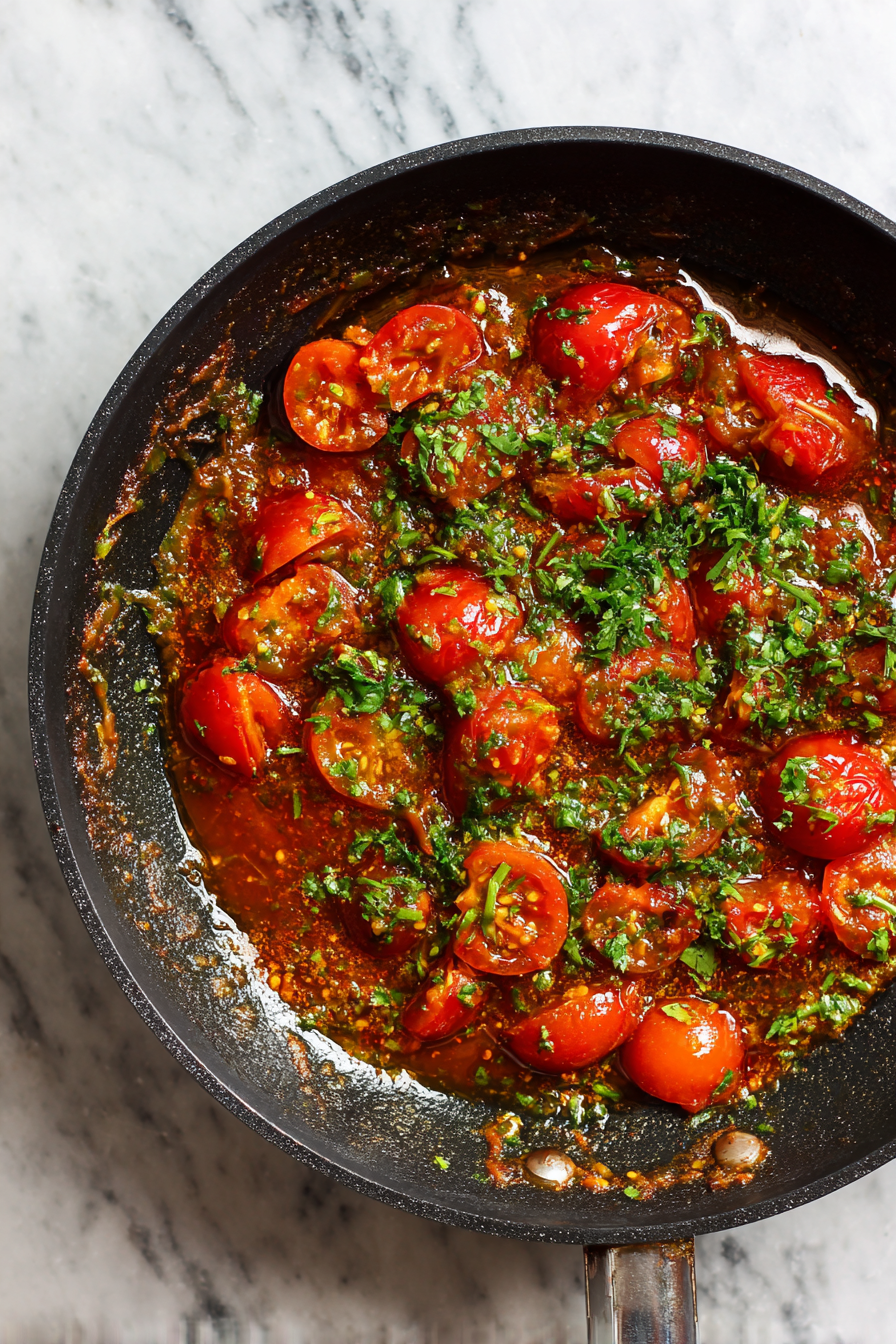 Stir in chopped tomatoes, cook until soft, and add cream, kasuri methi, and chopped coriander. Simmer for 5 minutes.