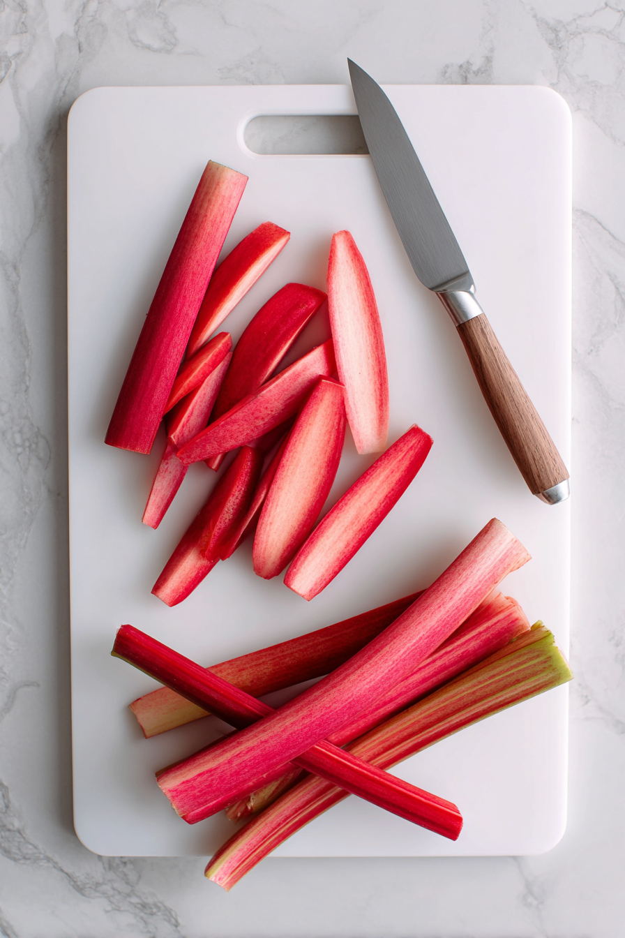 Slice rhubarb lengthwise, then thinly slice into small pieces.