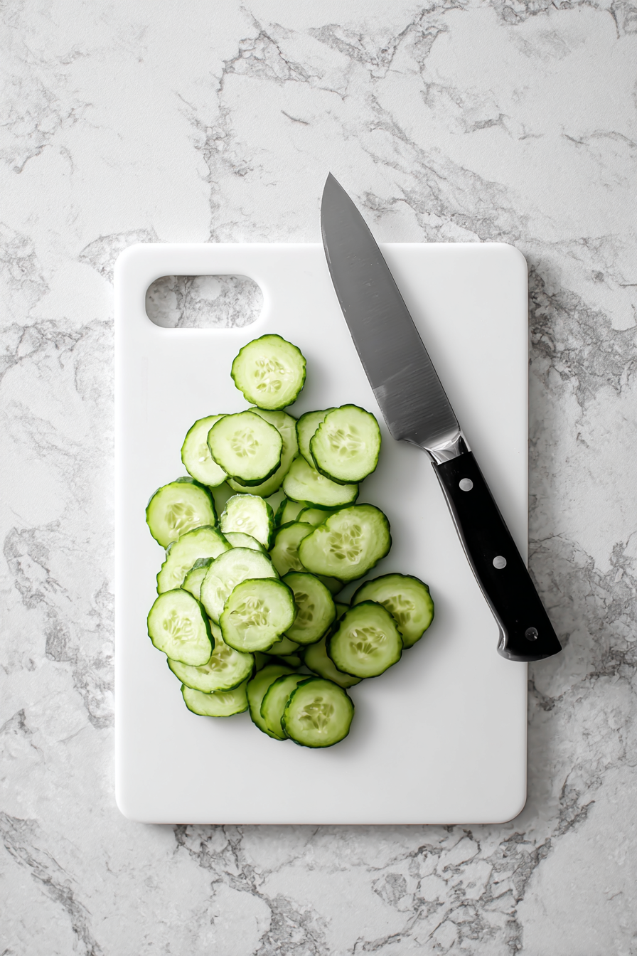 Slice cucumbers into thin half-moons or quarters.