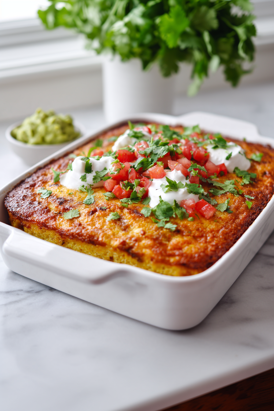 Let it cool slightly, then garnish with sour cream, tomatoes, cilantro, and guacamole.