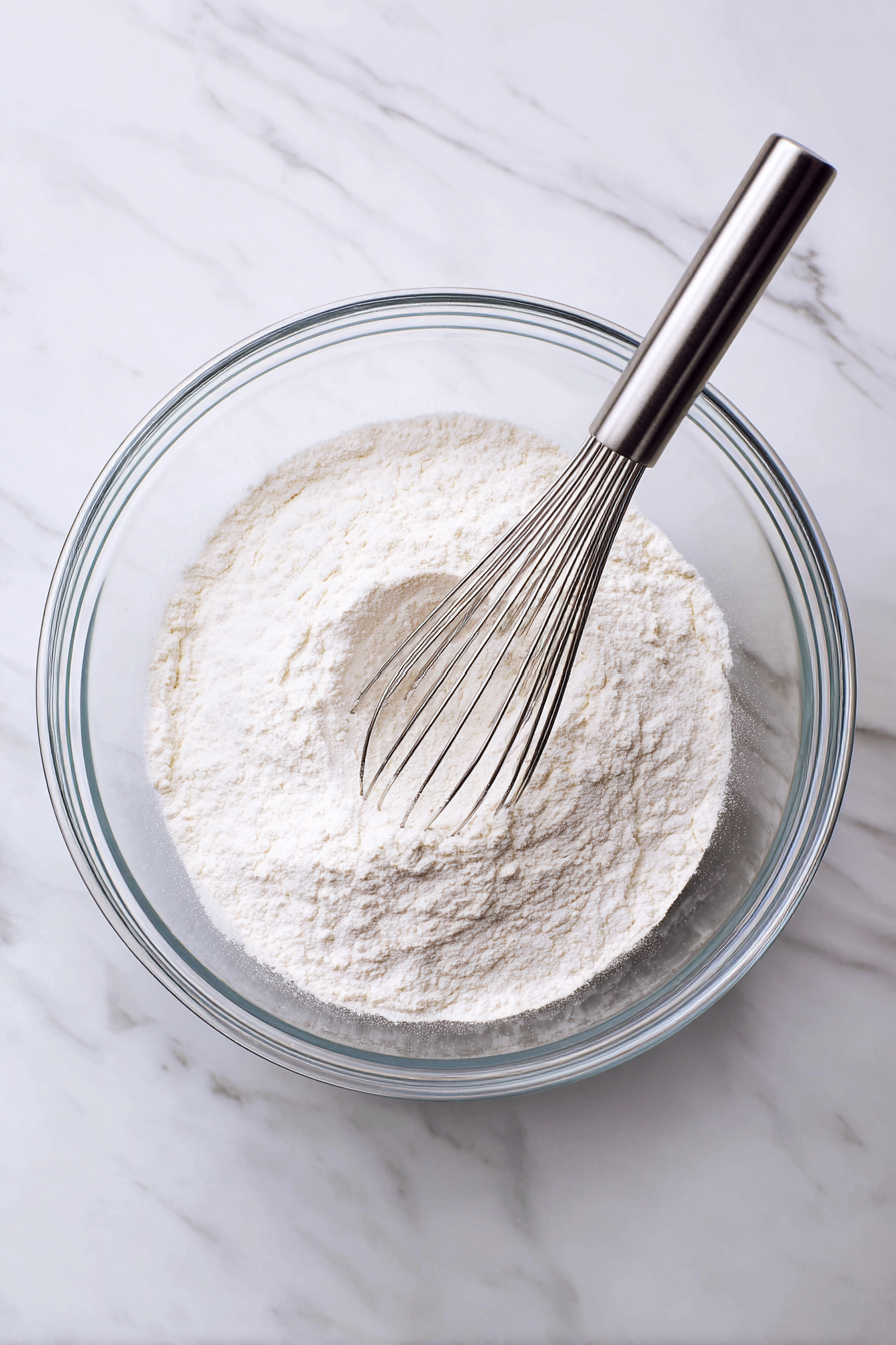 In a bowl, whisk together flour, baking powder, baking soda, and salt.
