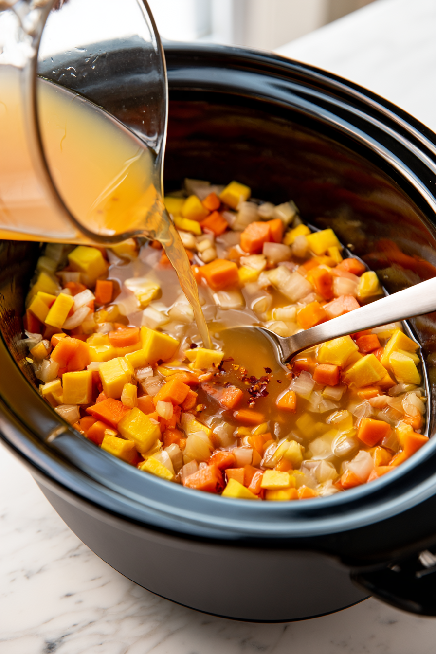 Add chopped onions, carrots, and diced squash to the slow cooker