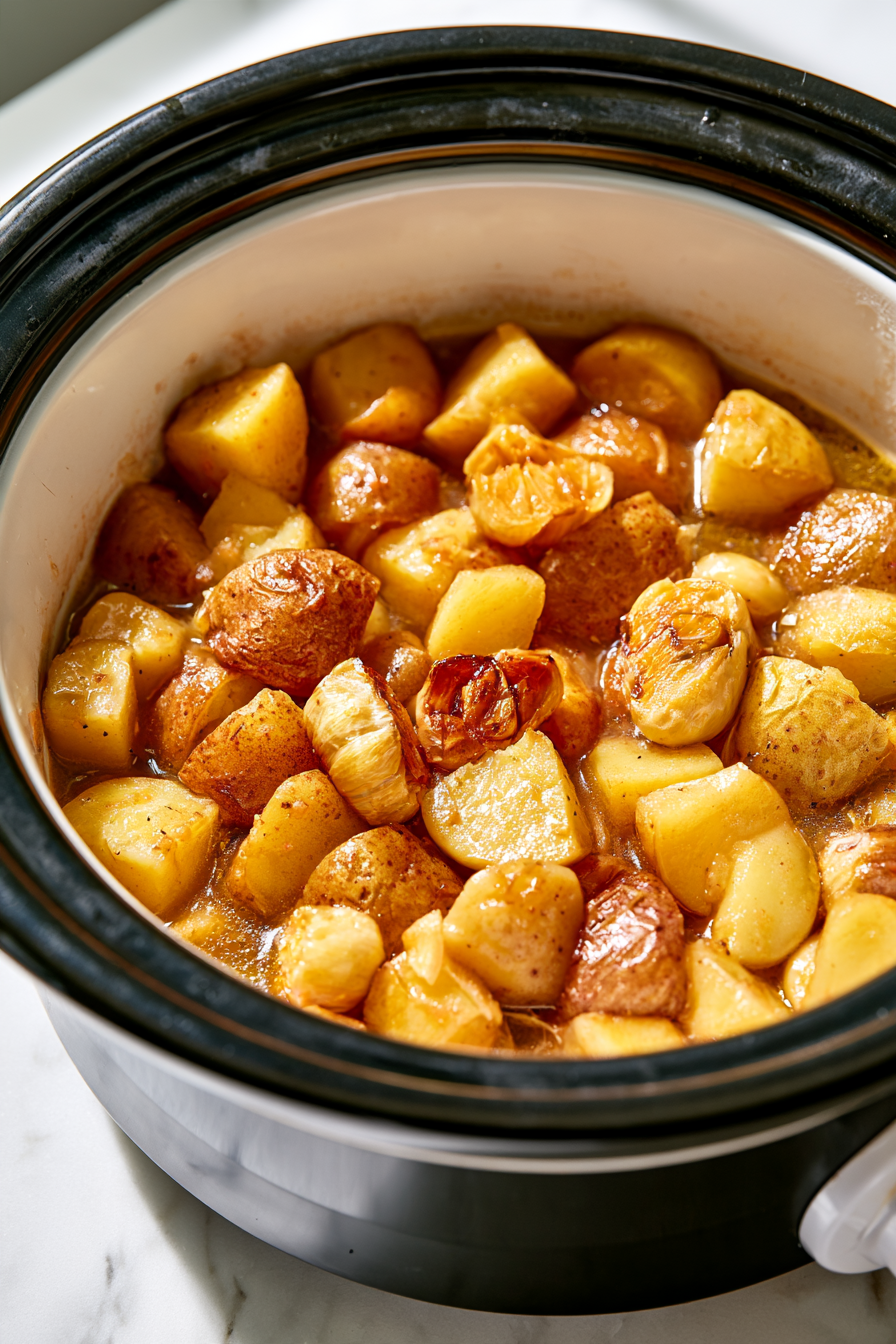 Add the chopped potatoes and roasted garlic to the slow cooker, then pour in the vegetable broth