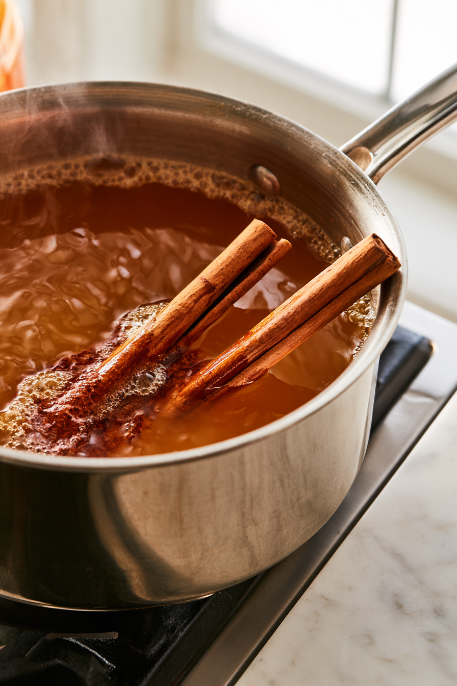 Add the cinnamon sticks to the simmering cider, allowing their warm aroma to start infusing the liquid