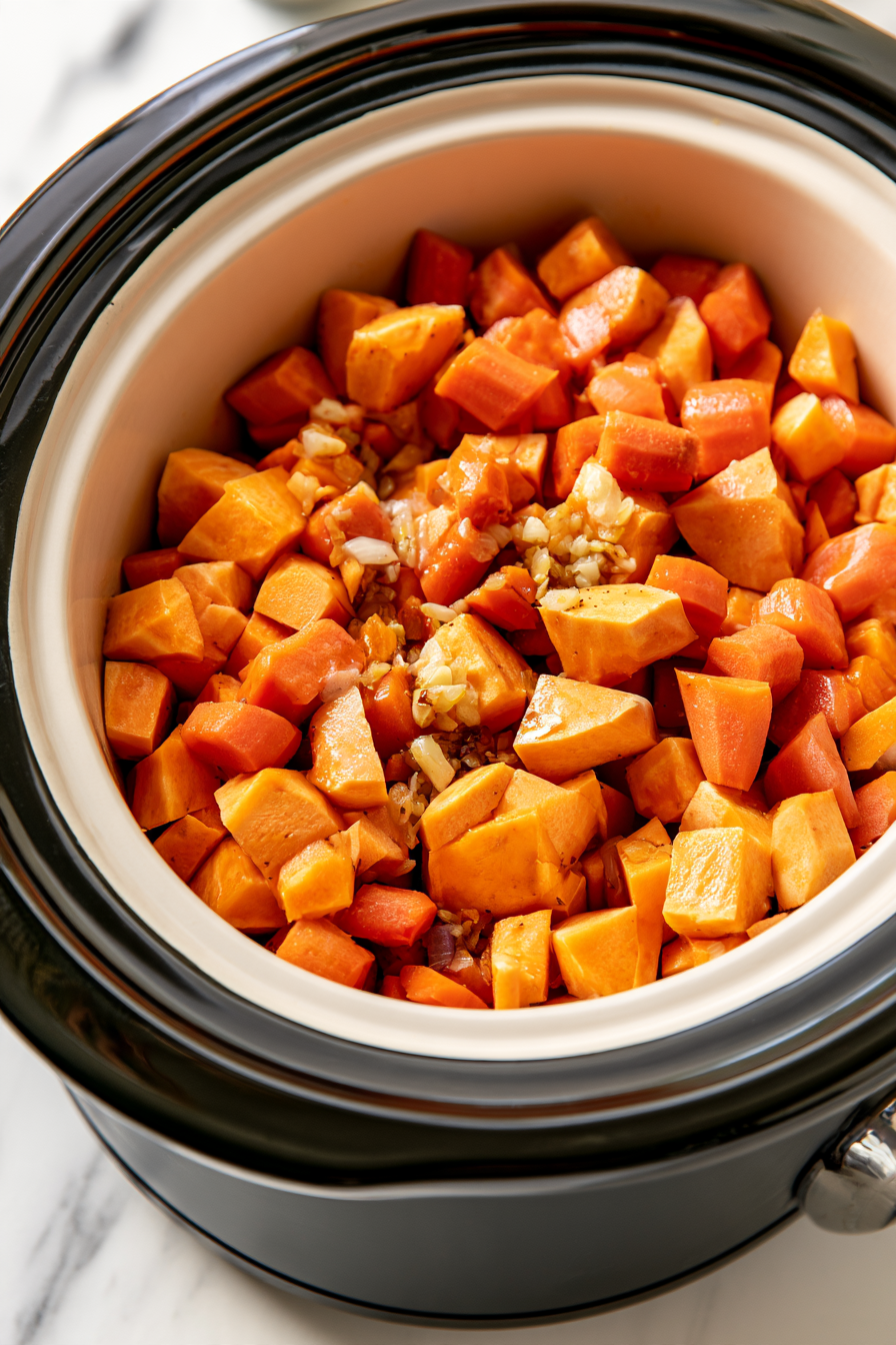 Add the sautéed garlic along with the chopped sweet potatoes and carrots into the slow cooker