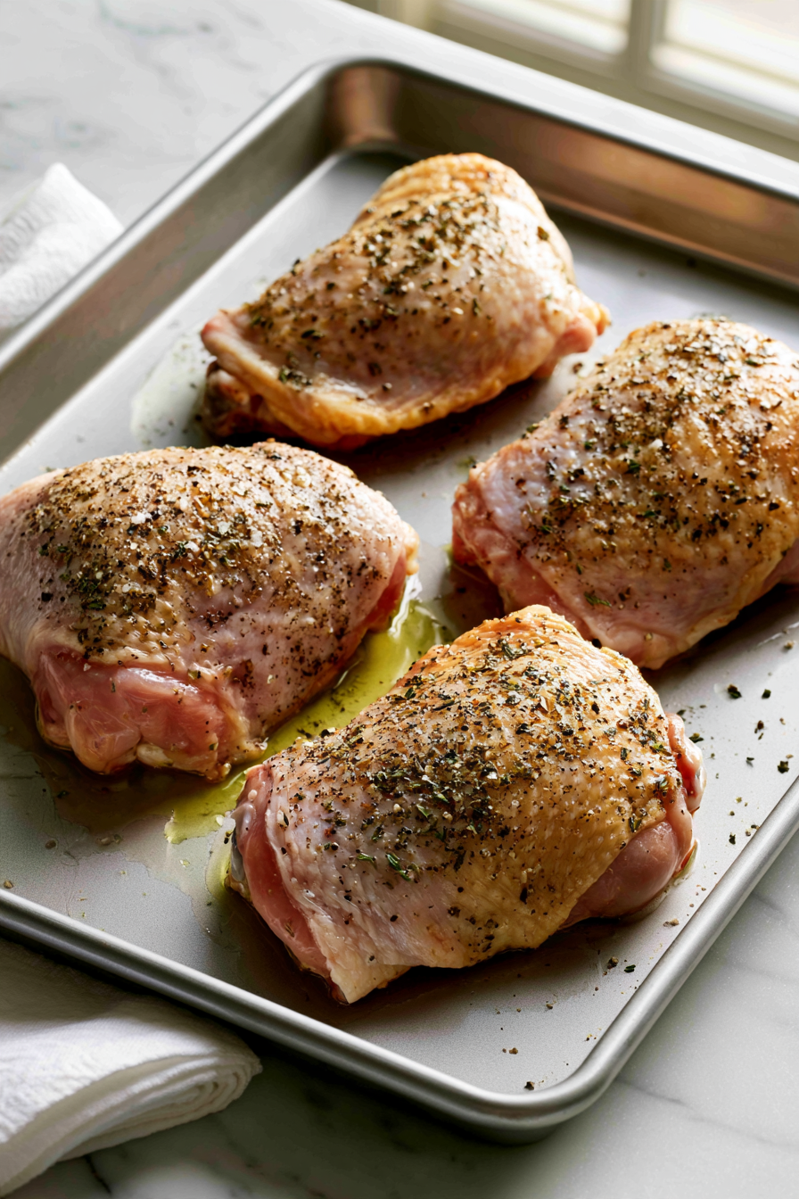 Arrange the chicken thighs on a large baking sheet, skin side up, and pat them dry with paper towels
