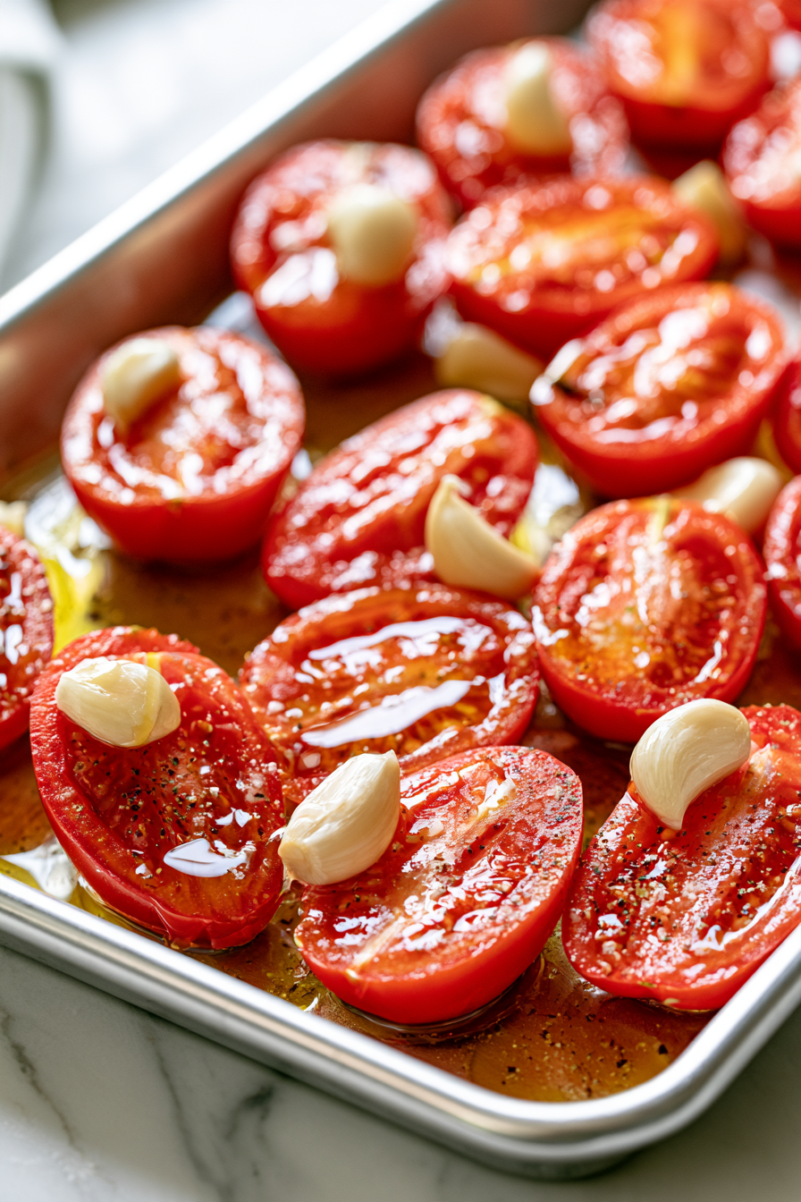 Arrange the halved tomatoes and whole garlic cloves on a baking sheet, then drizzle with olive oil and season with salt and pepper