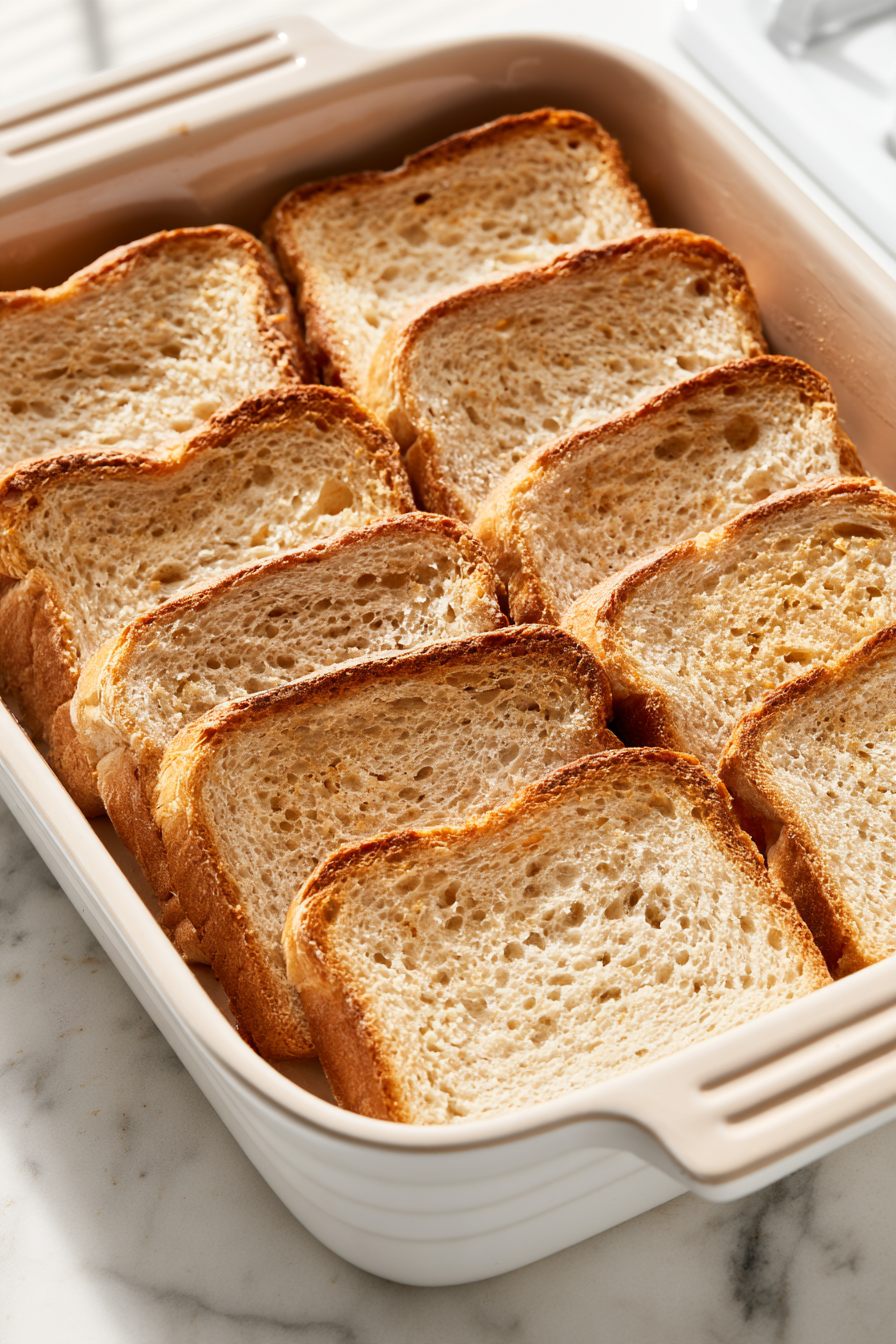 Arrange the slices of bread in the baking dish in a single layer, slightly overlapping if needed