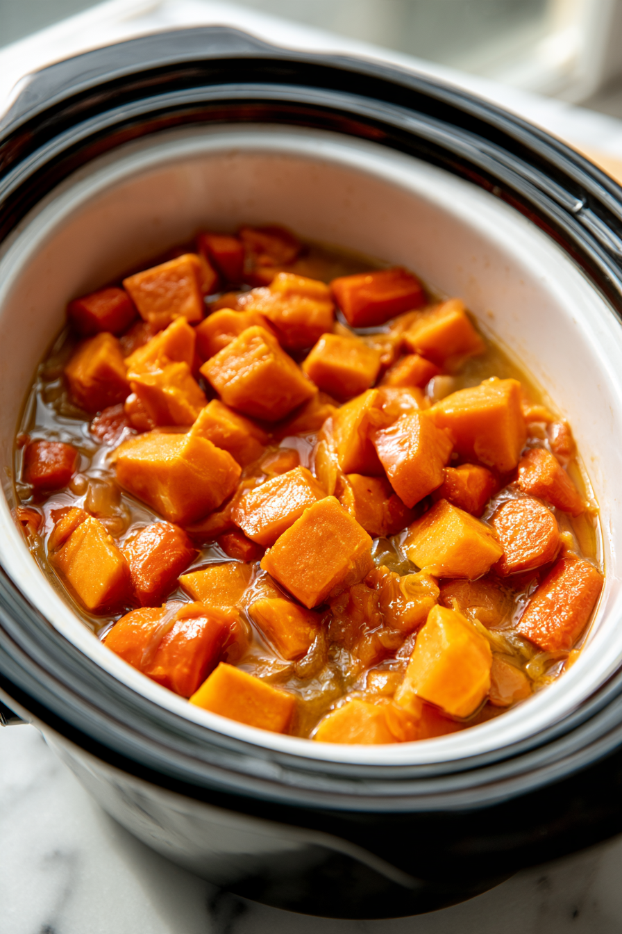 Cover the slow cooker and set it to low heat. Let it cook for 6 hours until the vegetables are tender and easily mashable