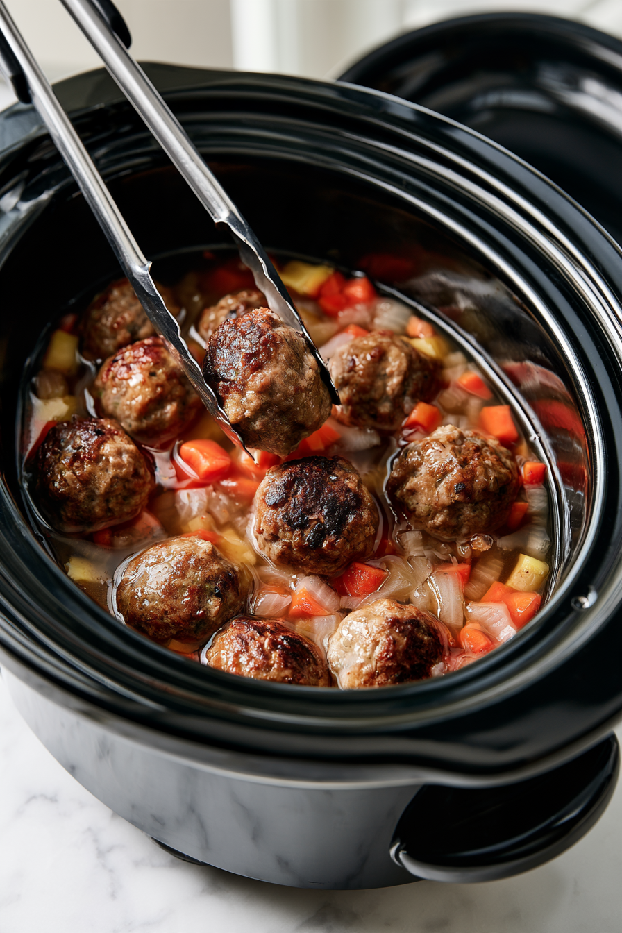 Gently place the browned meatballs into the slow cooker, making sure they are submerged in the broth and vegetables