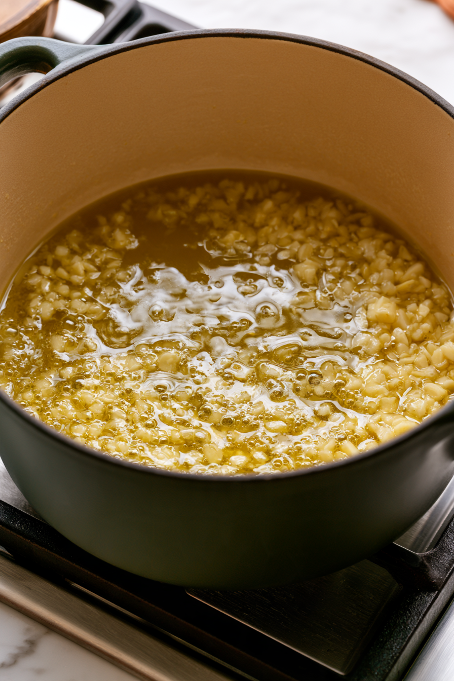 Heat a large pot over medium heat and drizzle in the olive oil. Once shimmering, add the minced garlic and sauté