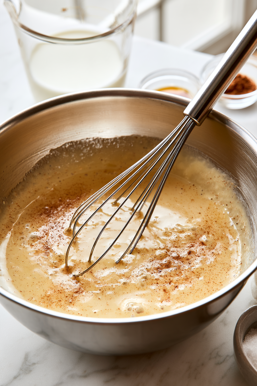 In a mixing bowl, whisk together eggs, milk, vanilla extract, ground cinnamon, and a pinch of salt until smooth and combined