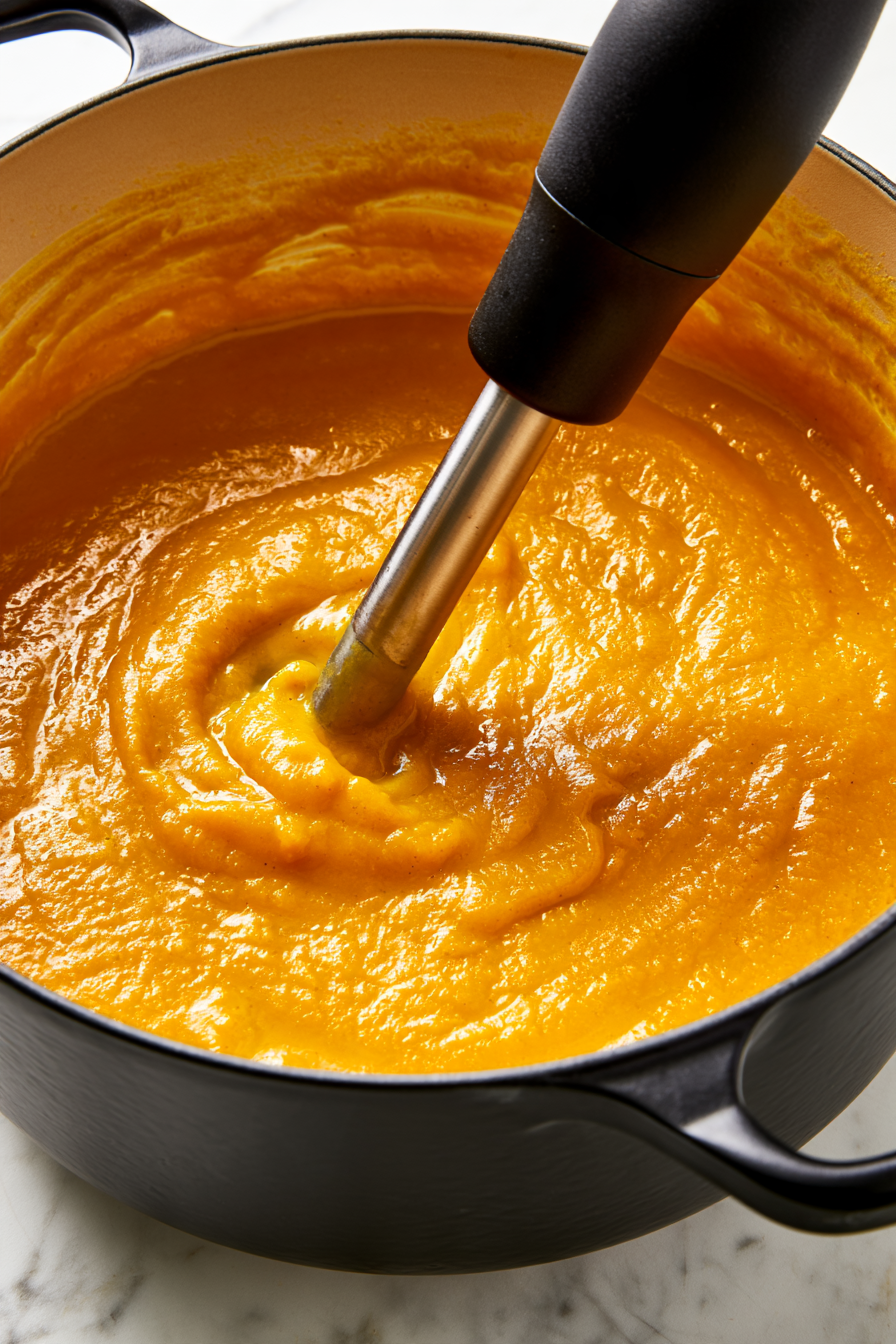Once cooked, remove the pot from the heat and use an immersion blender to carefully blend the soup until smooth and velvety