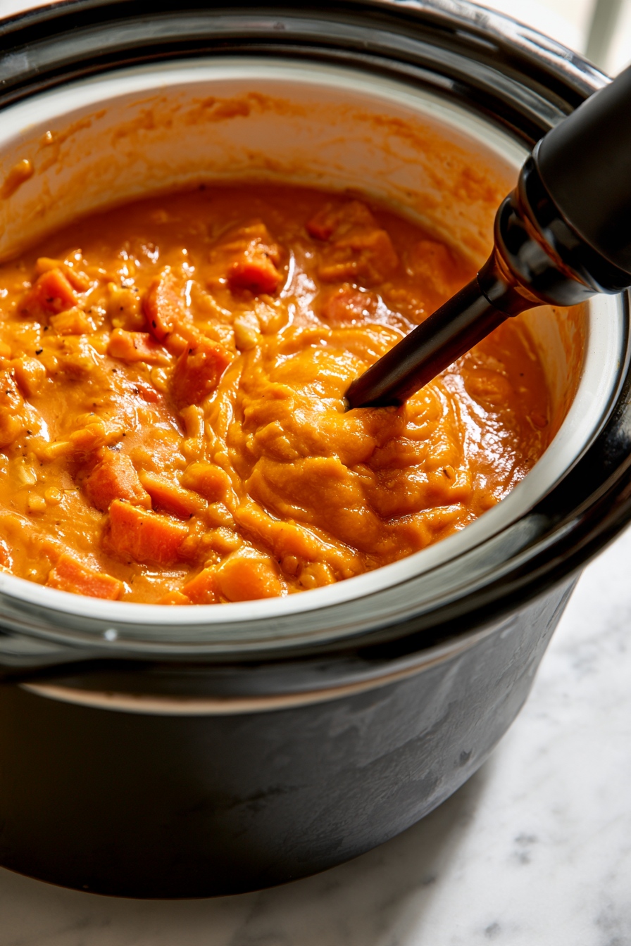 Once cooked, use an immersion blender directly in the slow cooker to blend the mixture until smooth and velvety