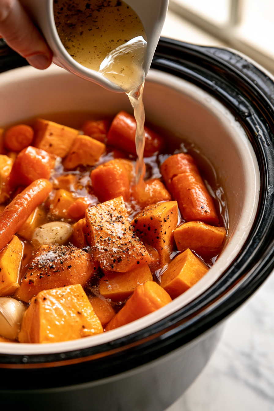Pour in the vegetable broth, then season with salt and pepper according to your taste