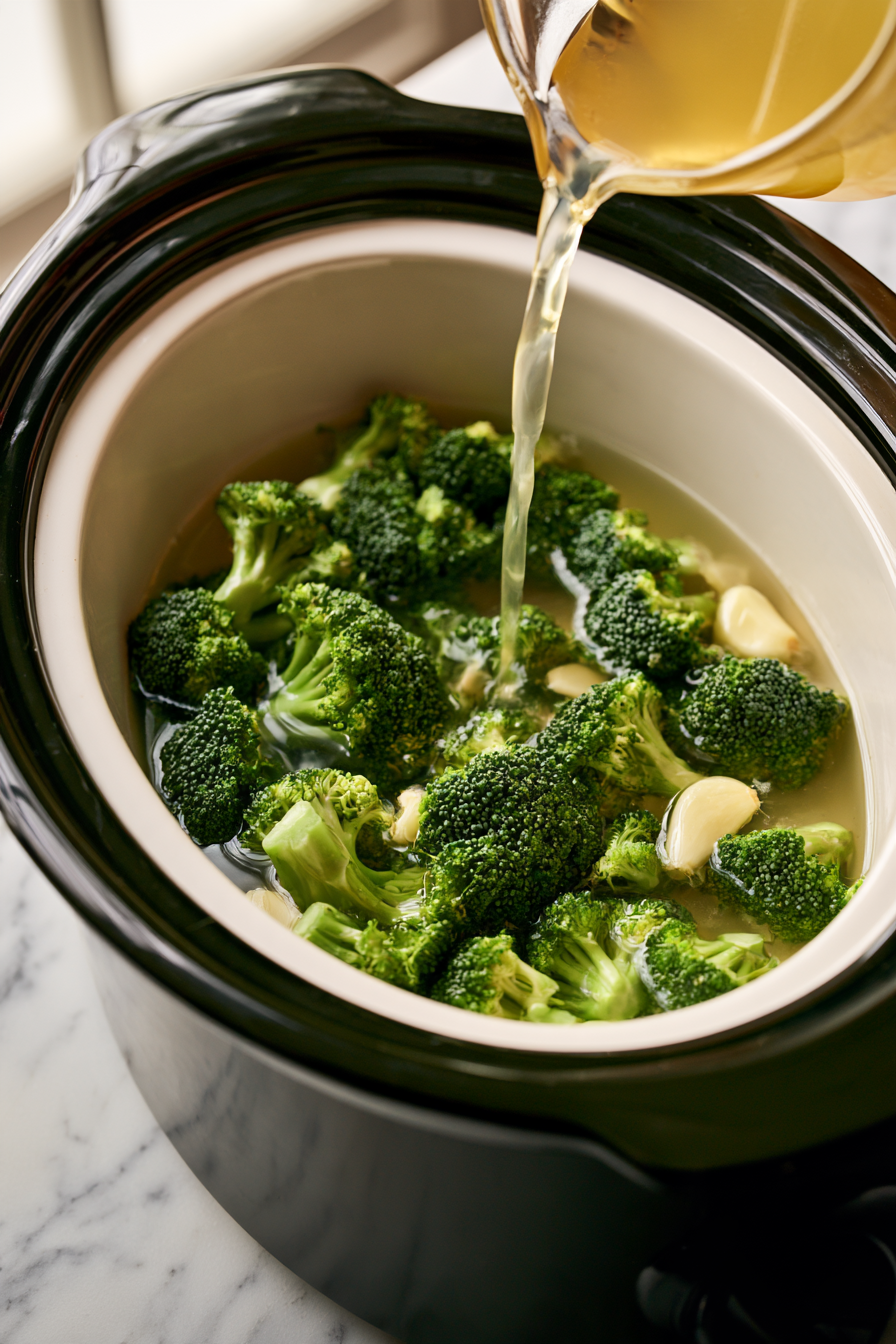 Pour the vegetable broth into the slow cooker, ensuring the vegetables are submerged
