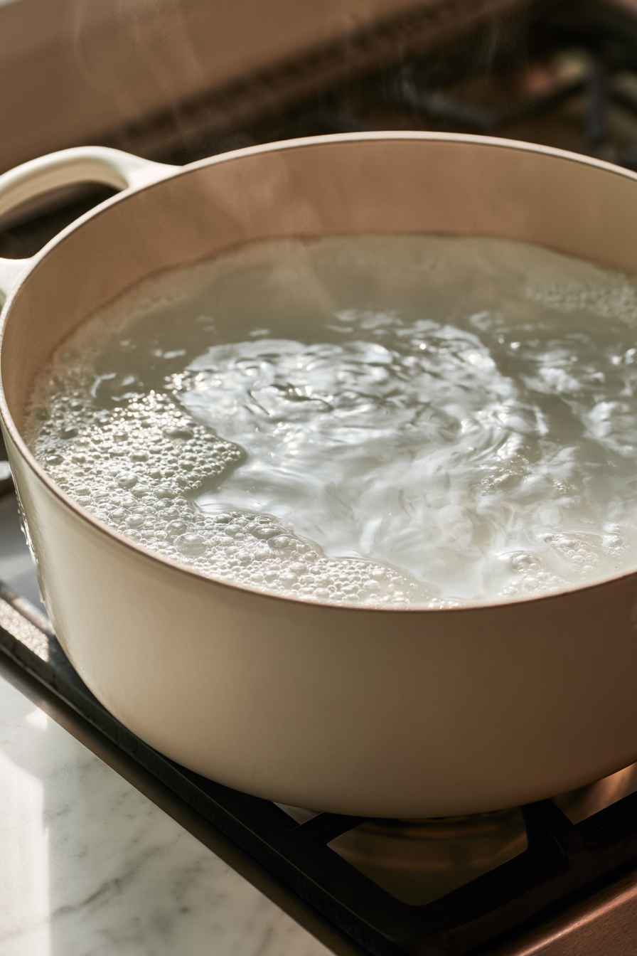 Pour water into a large pot and bring it to a gentle simmer over medium heat