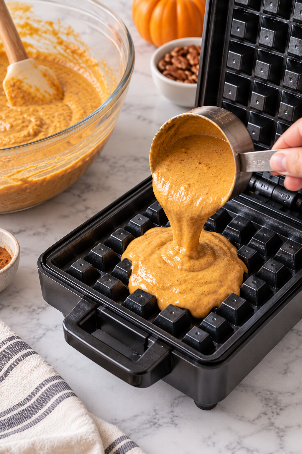 Preheat your waffle iron and lightly brush the surface with oil or non-stick spray