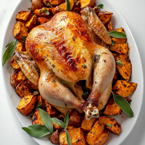 Roasted Chicken with Sweet Potatoes and Sage Butter Recipe
