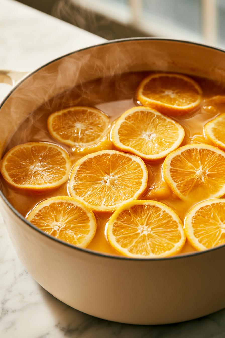 Thinly slice the orange, removing any seeds, and add the slices to the pot. These will release citrus oils as they warm