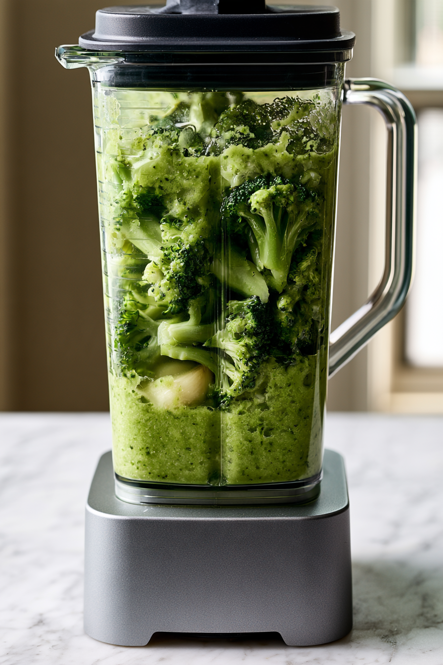 Use a slotted spoon to transfer the tender broccoli and garlic into a blender, along with a few ladles of the cooking liquid