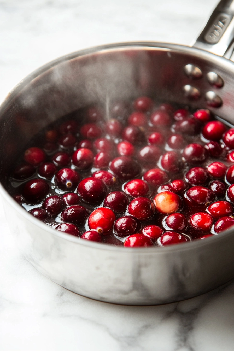 Add the rinsed cranberries to the syrup