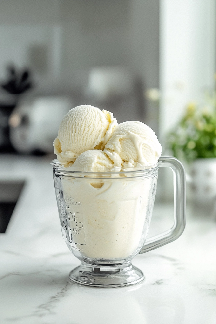 Add two generous scoops of vanilla ice cream