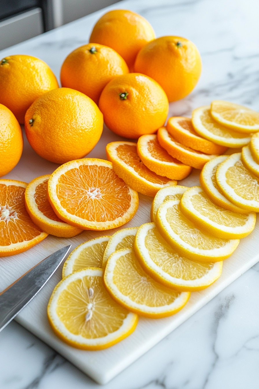 Thinly slice the citrus fruits and set aside