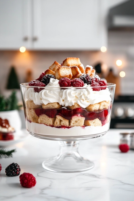 Top the assembled trifle with softly whipped cream