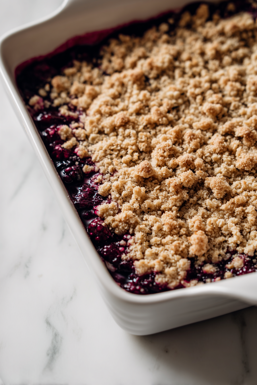 Sprinkle the crisp topping evenly over the mulberry filling
