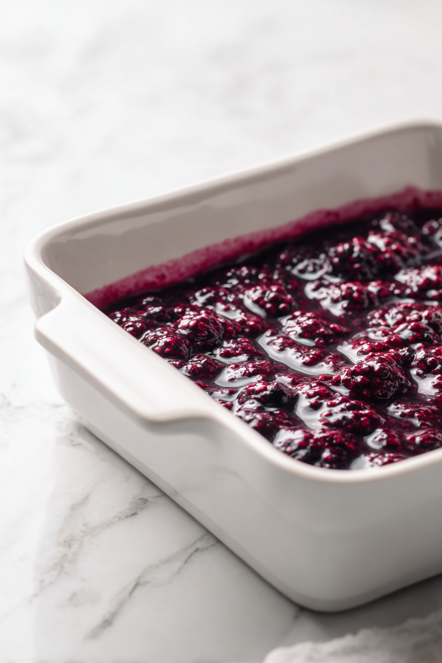 Transfer the mulberry mixture into the prepared baking dish