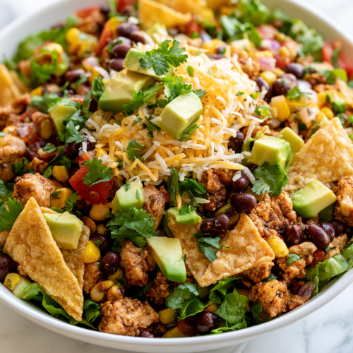 Divide salad into individual bowls and top with taco chicken mixture